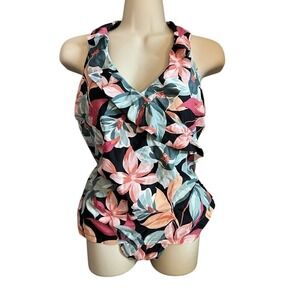 Aqua Couture Floral Halter Swimdress One Piece Swimsuit Tummy Control Womens M
